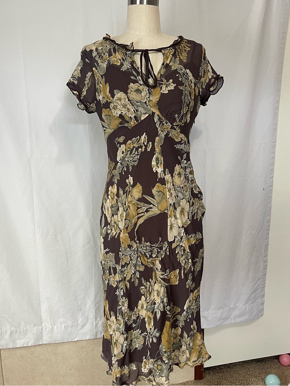 Y2K Newport News women’s Dress brown floral midi size 10 fits Mediu double layer - Picture 2 of 8